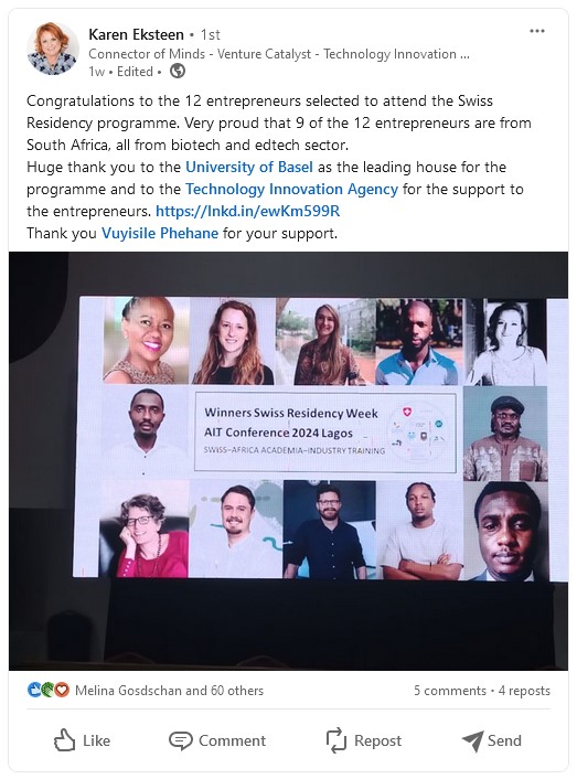 Karen Eksteen: Congratulations to the 12 entrepreneurs selected to attend the Swiss Residency programme. Very proud that 9 of the 12 entrepreneurs are from South Africa, all from biotech and edtech sector. Huge thank you to the University of Basel as the leading house for the programme and to the Technology Innovation Agency for the support to the entrepreneurs. https://lnkd.in/ewKm599R Thank you Vuyisile Phehane for your support. 